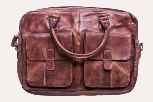 Men’s Commuter Briefcase, Genuine Washed Leather (Brown)